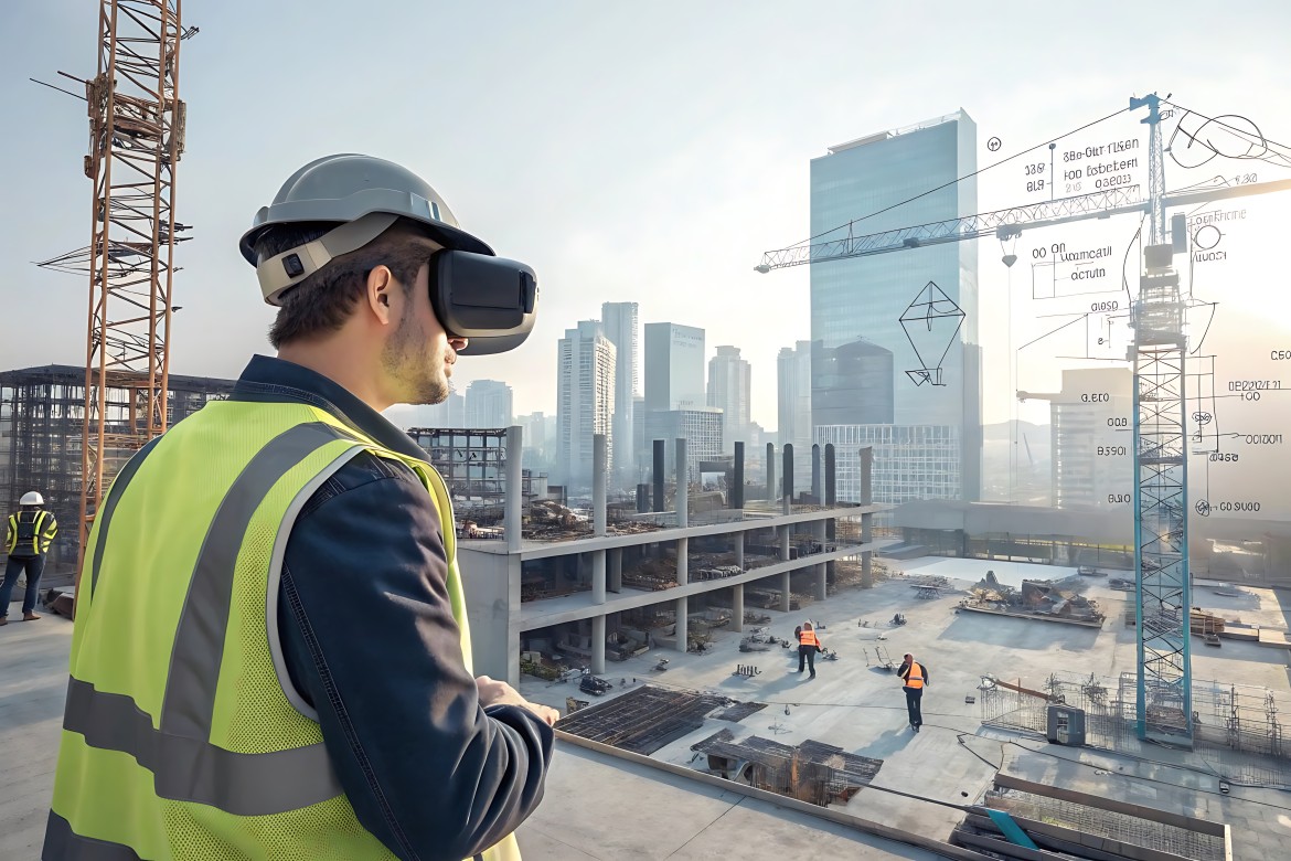 Engineer using virtual reality and digital modeling on a modern job site.